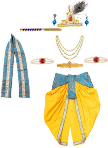 ITSMYCOSTUME Krishna Janmastami Costume Dress Kanha Yellow&Turquoise Dress with jewellery Set Kids Costume Wear