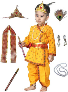 KAKU FANCY DRESSES Cotton Printed Krishna Costumes, Baby Krishna Dress for Janmashtami, 3-6 Months Kids Costume Wear