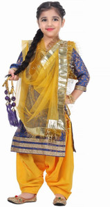 ITSMYCOSTUME Punjabi Suit for Gidda, Bhangra Costume for girls (Blue Suit With Yellow Salwar) Kids Costume Wear
