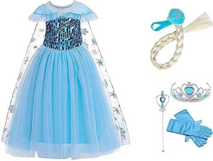 Maasuryakala Elsa Frock for girls with Crown and Wig gloves and tiara Kids Costume Wear