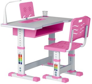 SYGA Kids Height Adjustable Desk and Chair with Lamp Bookshelf (70CM Upgraded Pink) Plastic Study Table