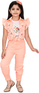 JIYAN FASHION WORLD Baby Girls Party(Festive) Top Pant, Shrug