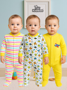 KidBee Romper For Boys & Girls Casual Printed, Striped, Solid Cotton Blend