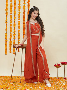 कर्ली टेल्स Indi लड़कियों के लिए त्यौहार और पार्टी एथनिक जैकेट, ब्लाउज़ एंड पलाज़ो सेट