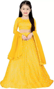 F Plus fashion Girls Lehenga Choli Party Wear Polka Print Lehenga, Choli and Dupatta Set