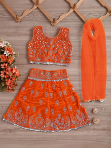 S K Dresses Baby Girls Lehenga Choli Party Wear Embellished Lehenga, Choli and Dupatta Set
