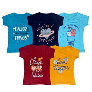 FAZZA Girls Typography Pure Cotton Regular T Shirt