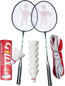Rakso GR-300 Strung Badminton Racket Set OF 2 PCS WITH 6 feather SHUTTLECOCK 1 net Multicolor Strung Badminton Racquet
