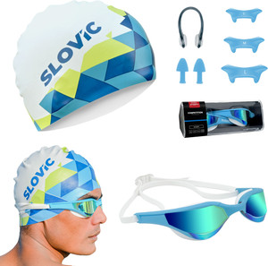 स्लोविक Goggles & Cap with Ear Plug, Nose Clip | UV Protection| Combo स्विमिंग किट