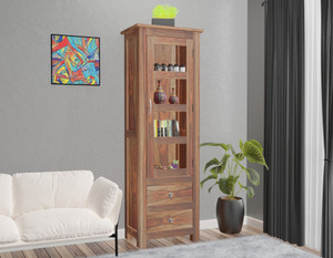 WOODTREND Solid Sheesham Wood Tall Showcase Cabinet With Multiple Shelves And Glass Door Solid Wood Kitchen Cabinet