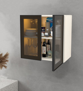 SPECIALITY PANELS Aluminium Black Profile 2 Door Partial Transparent Brown Tinted Glass handless Engineered Wood Crockery Cabinet