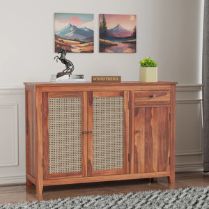 WOODTREND Solid Sheesham Wood Cane Sideboard With Multiple Shelves For Kitchen/ Storage Solid Wood Kitchen Cabinet