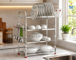 HOMIFY Utensil Kitchen Rack Steel 4 Shelf Dish Rack | Modular Kitchen Utensils Rack | 24INCH (H) * 18INCH (L) Storage Basket | Stainless Steel Kitchen Rack (Steel)
