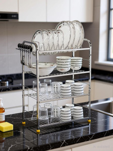 Zobby Utensil Kitchen Rack Steel 4 Shelf Dish Rack | Modular Kitchen Utensils Rack | 24 H x 18 L inch Storage Basket | Utensil Kitchen Rack