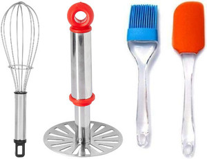 ओमोर्टेक्स Masher combo kitchen किचन के लिए स्टेनलेस स्टील आलू मैशर और व्हिस्क और स्पैचुला और ब्रश कॉम्बो बहुरंगी रसोई उपकरण सेट