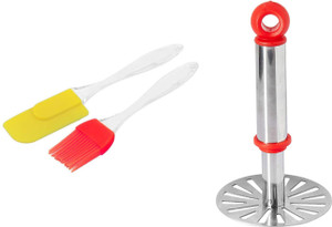 ओमोर्टेक्स Daily Use Kitchen Combo Of Spatula & Brush And स्टेनलीस स्टील पाव भाजी वेजिटेबल मैशर (3 का पैक) बहुरंगी रसोई उपकरण सेट