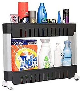 sai praseeda 2 Tier Kitchen Storage Organizer Rack Holder with Wheels (Black & White) Plastic Kitchen Trolley