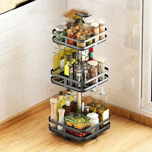 BAZKU 3 Tier 360° Tabletop Rotating Kitchen Rack, Kitchen Pantry Storage Organizer Plastic Kitchen Trolley
