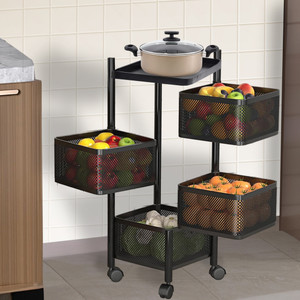KUBER INDUSTRIES 4-Layer Revolving Multipurpose Storage Rack with Wheels | Black Iron Kitchen Trolley
