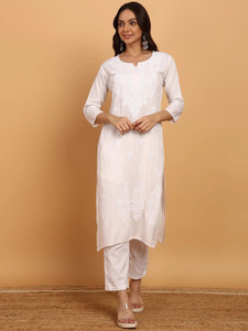 TOP N THREAD Women Chikan Embroidery, Floral Print, Embroidered A-line Kurta
