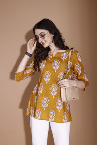 SANGOURI Casual Floral Print Women Yellow Top
