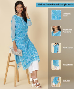 RANGAA NAWAAB Women Chikan Embroidery, Embroidered Straight Kurta