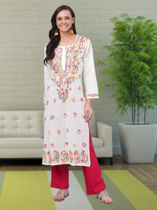 ADA Women Chikan Embroidery, Paisley, Embroidered Straight Kurta