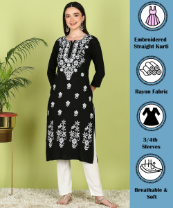TOP N THREAD Women Chikan Embroidery, Floral Print, Embroidered A-line Kurta