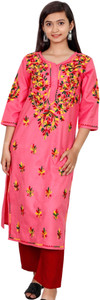 INDICRAFT Women Chikan Embroidery Straight Kurta