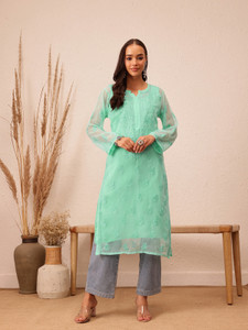 ADA Women Chikan Embroidery, Paisley, Embroidered Straight Kurta