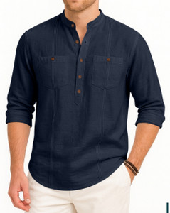 zbio Solid Linen Straight Kurta for Men - Image 1