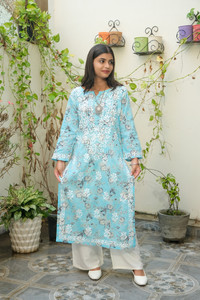 Elegance Hub Women Floral Print, Chikan Embroidery, Embroidered Straight Kurta