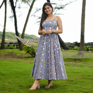 Demirner Women Fit and Flare Light Blue Midi/Calf Length Dress
