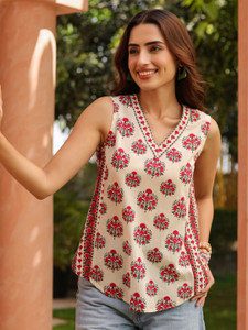 VIHARINI Casual Printed Women Beige, Red Top