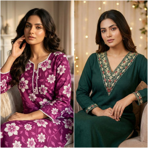 VROEGER Women Printed, Embroidered Straight Kurta