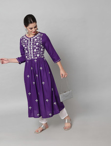 ANGITA Women Chikan Embroidery Flared Kurta