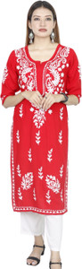 INDICRAFT Women Chikan Embroidery Straight Kurta