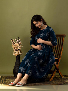 Mialo fashion Women Gown White, Dark Blue Midi/Calf Length Dress