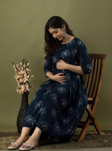 Mialo fashion Women Gown White, Dark Blue Midi/Calf Length Dress