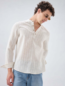 VASTRADO Men White Striped Straight Kurta - Image 6