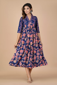 INDIANIC Women Fit and Flare Pink, Beige, Dark Blue Midi/Calf Length Dress