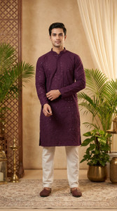 ADHIRAJAN Men Chikan Embroidery, Embellished Straight Kurta