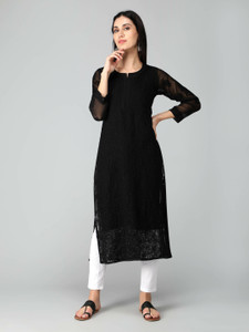 Seva Chikan Women Chikan Embroidery, Embroidered, Paisley, Solid Straight Kurta