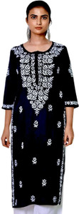 myplusfashion Women Chikan Embroidery Straight Kurta
