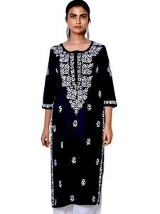 myplusfashion Women Chikan Embroidery Straight Kurta