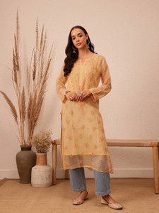 ADA Women Chikan Embroidery, Paisley, Embroidered Straight Kurta