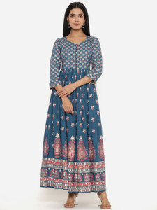 INDIANIC Women Gown Blue Maxi/Full Length Dress