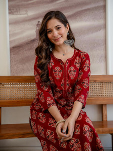 Angira Jaipur Women's Maroon Cotton A-line Kurta - Image 1