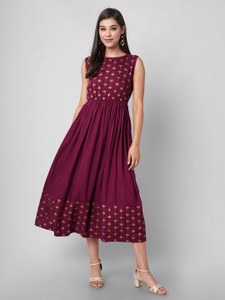 INDIANIC Women Fit and Flare Maroon Midi/Calf Length Dress
