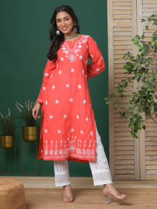 ADA Women Chikan Embroidery Straight Kurta